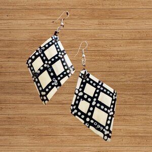 African Handmade Horn Earrings – Black & Ivory Handpainted Grid Pattern